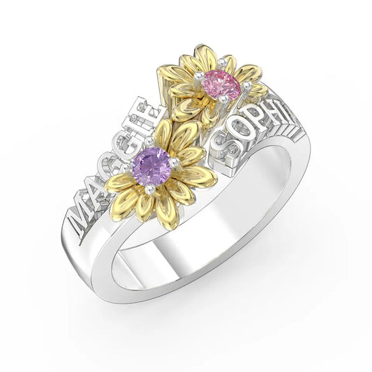 Sunflower Ring - 3D names 2 birthstones with 2 Gold or Rose Gold flowers