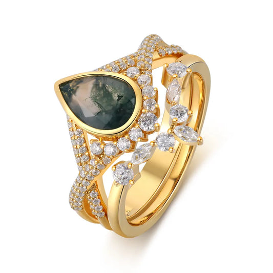 Azura Ring - Brilliant Cut Pear Shaped Moss Agate Gemstone Custom made 2 piece Ring Set