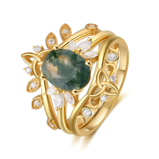 Aurelia Ring - Vintage Moss Agate Solitaire Oval Moss Agate 3 piece Ring Set Gold Silver Custom made to order